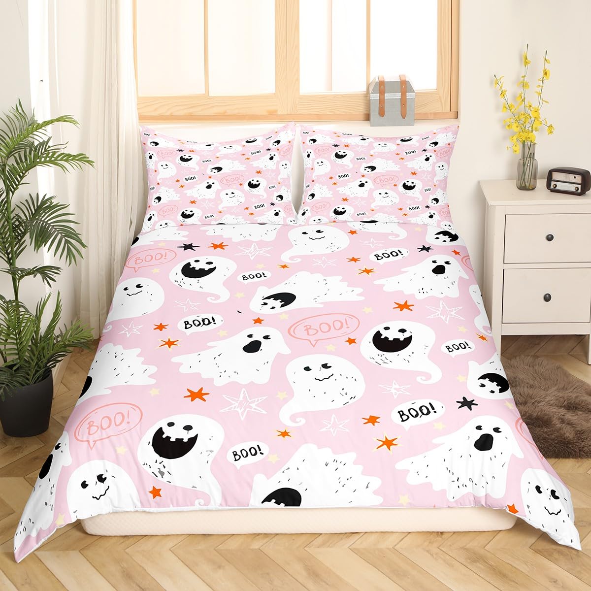 Feelyou Halloween Comforter Cover Set - Ghost Pink Twin Size Bedding for Kids, Boys & Girls | Cute Kawaii Duvet Cover, Soft Lightweight Bedspread | Perfect for Halloween Decor, Kids' Room & Seasonal Bedding