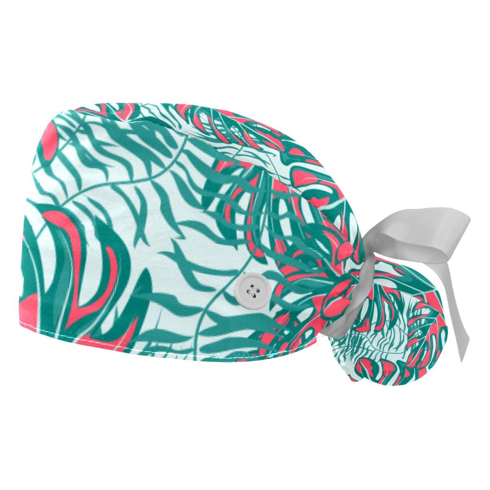 2 Pack Women's Adjustable Working Cap with Button - Unisex Tie Back Bouffant Scrub Hat with Sweatband & Floral Design | Perfect for Nurses, Doctors, Chefs & Hair Salon Professionals