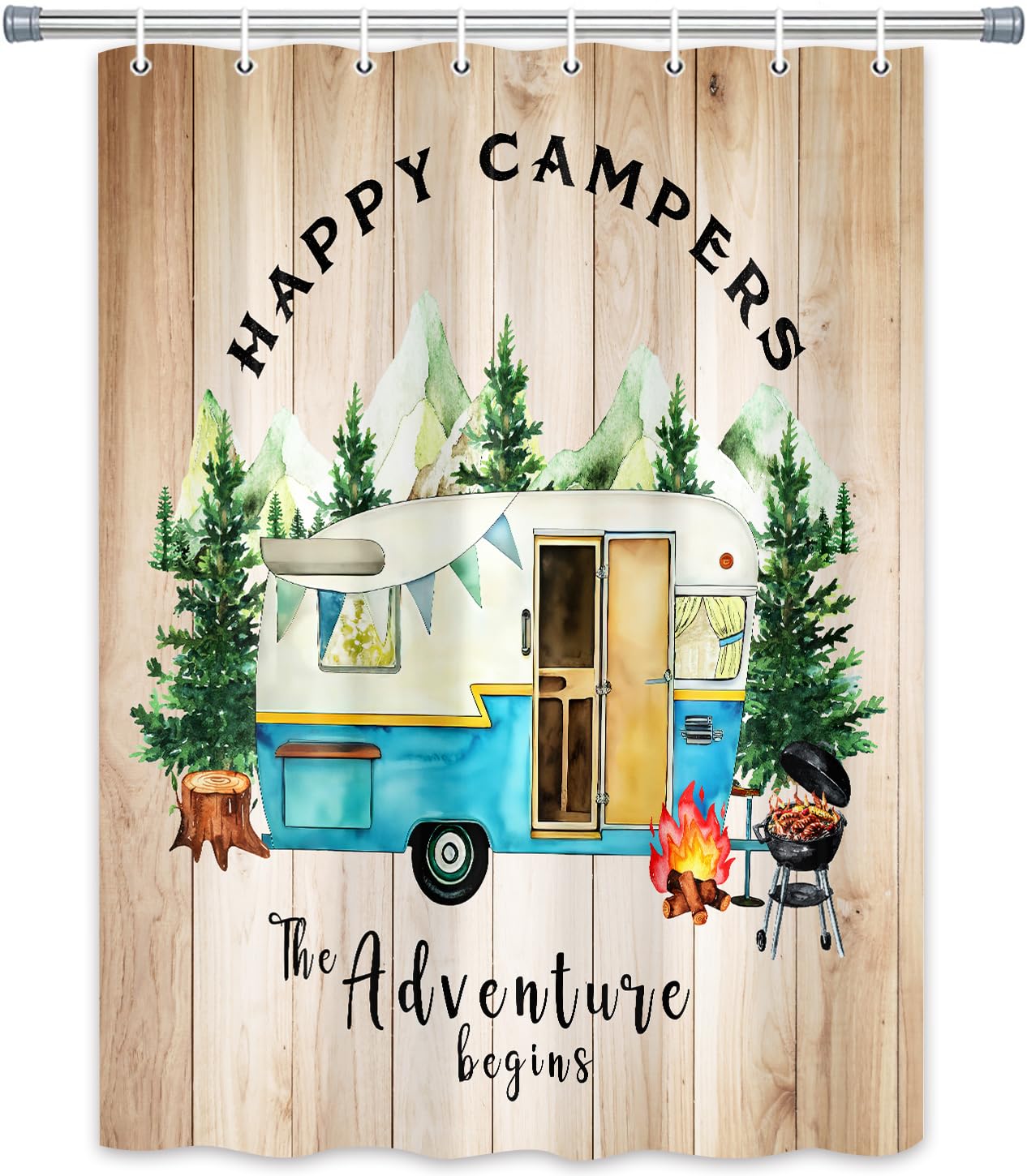 Rustic Farmhouse Shower Curtain for Campers & RVs - 47x64 Inch Tree Mountain Adventure Design - Waterproof Fabric Bathroom Curtain with Hooks - Perfect for Small Bathrooms, Travel Trailers & Outdoor Camping Trips