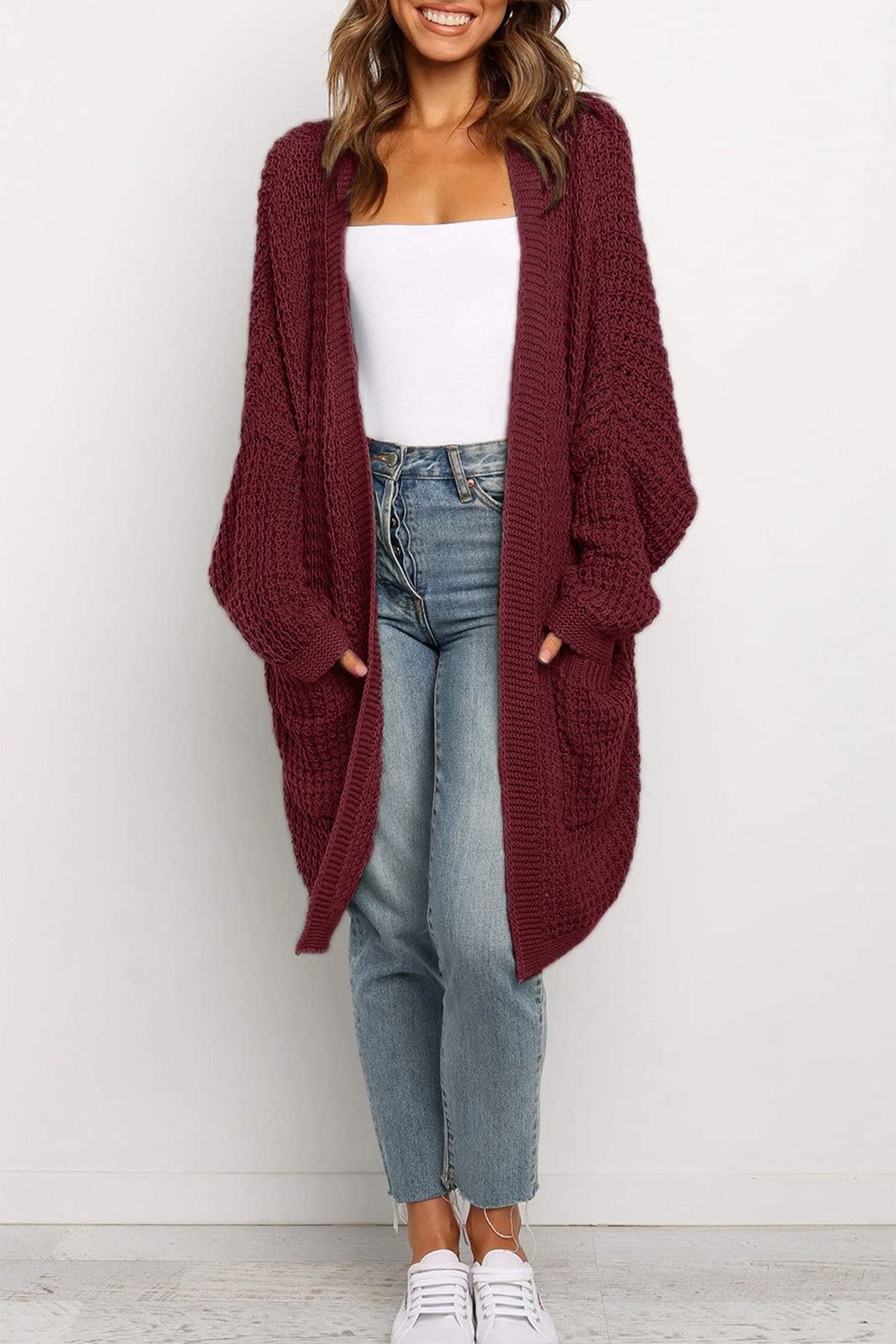 MEROKEETY Women's Oversized Long Batwing Sleeve Cardigan Waffle Knit Sweater Coat - Cozy Fall Winter Layering Piece for Casual Outfits & Lounge Wear
