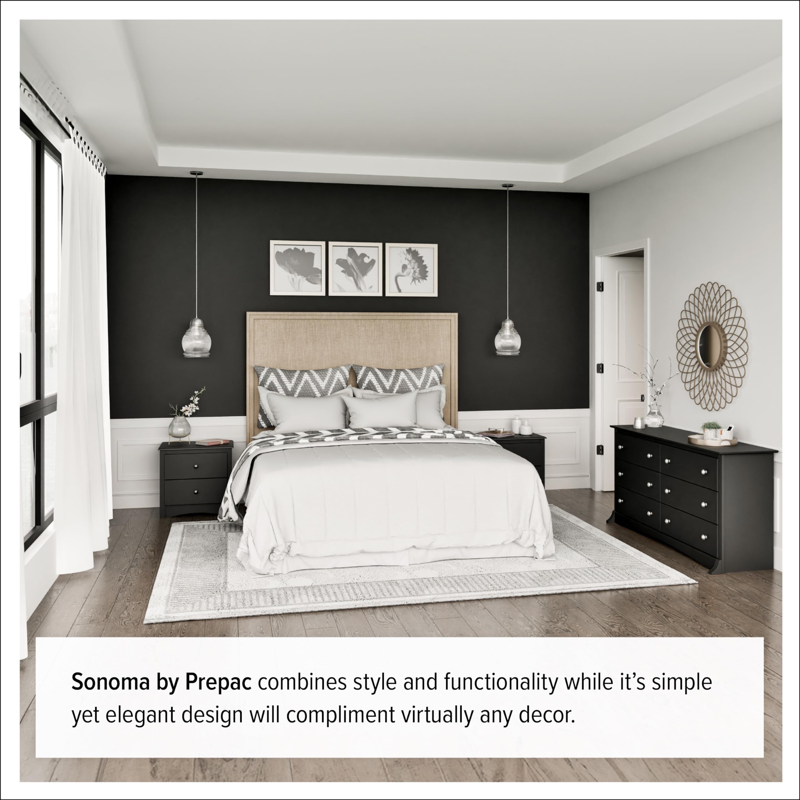 Prepac Sonoma Traditional 6-Drawer Dresser for Bedroom - Black Wooden Chest of Drawers 17.5