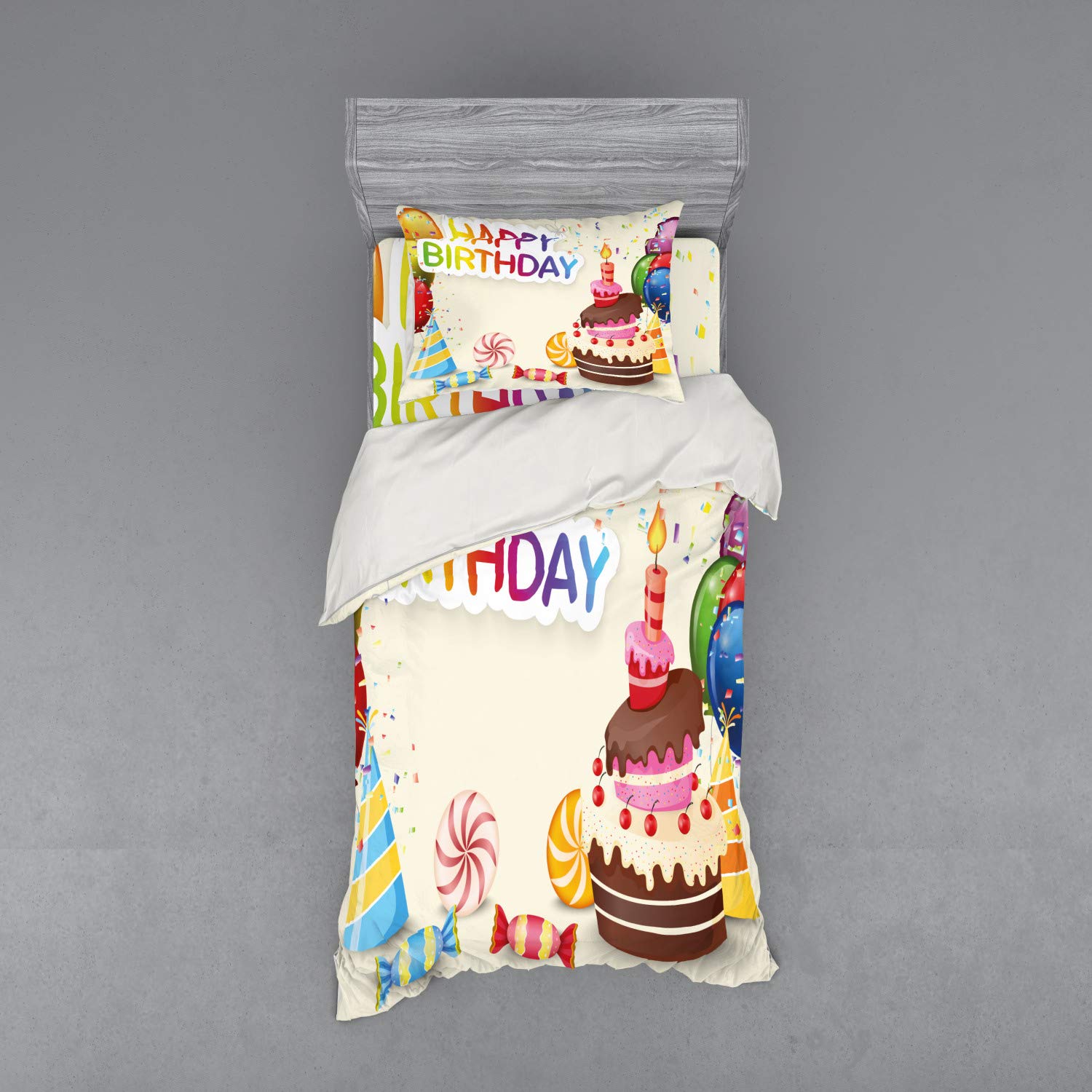 Ambesonne 3-Piece Twin Size Birthday Duvet Cover Set with Sham & Fitted Sheet - Candy, Cake, Party Hats & Balloons Design - Vibrant Multicolor Bedding for Kids' Rooms, Birthday Parties & Themed Decorations