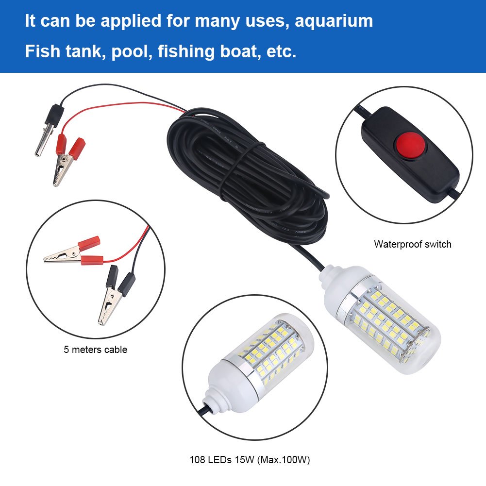 Zerone 12V 108LEDs IP68 Waterproof Submersible Underwater Fishing Light - Bright LED Fish Attractor Lamp for Night Boat Fishing, Crabbing & Ice Fishing | Perfect for Deep Sea, Lake & River Fishing Adventures