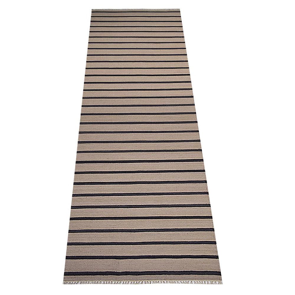 Hand Woven Flat Weave Kilim Wool Eco-Friendly Area Rug - 3'x13' Runner, Cream Charcoal, Contemporary Modern Design, Low Pile Handmade Carpet for Living Room, Hallway & Entryway | Sustainable Natural Fiber Floor Decor