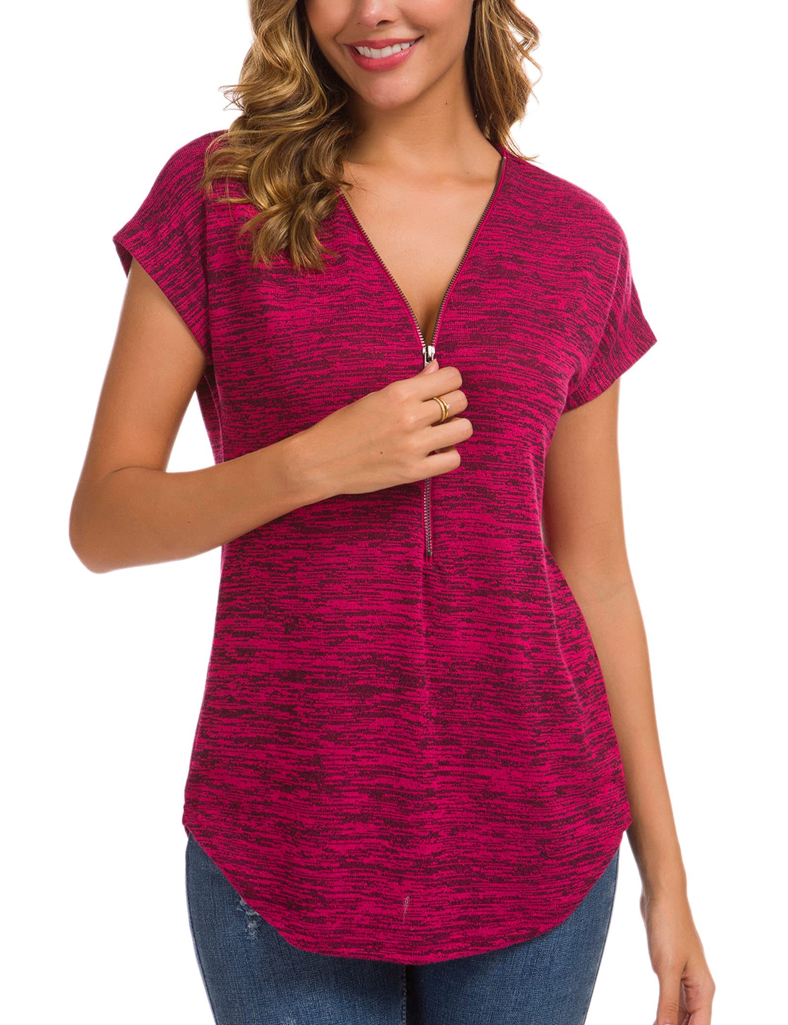 LUSMAY Women's Casual V-Neck Zipper Tunic Top - Loose Fit Short Sleeve Blouse for Summer, Work & Everyday Wear