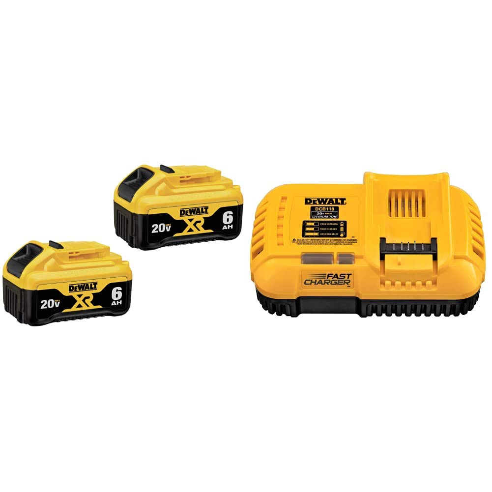 DEWALT 20V MAX 6Ah Lithium-Ion Battery 2-Pack with FLEXVOLT Rapid Charger (DCB206-2 & DCB118) - Fast Charging Under 90 Min for Power Tools - Perfect for Construction, Woodworking & DIY Projects