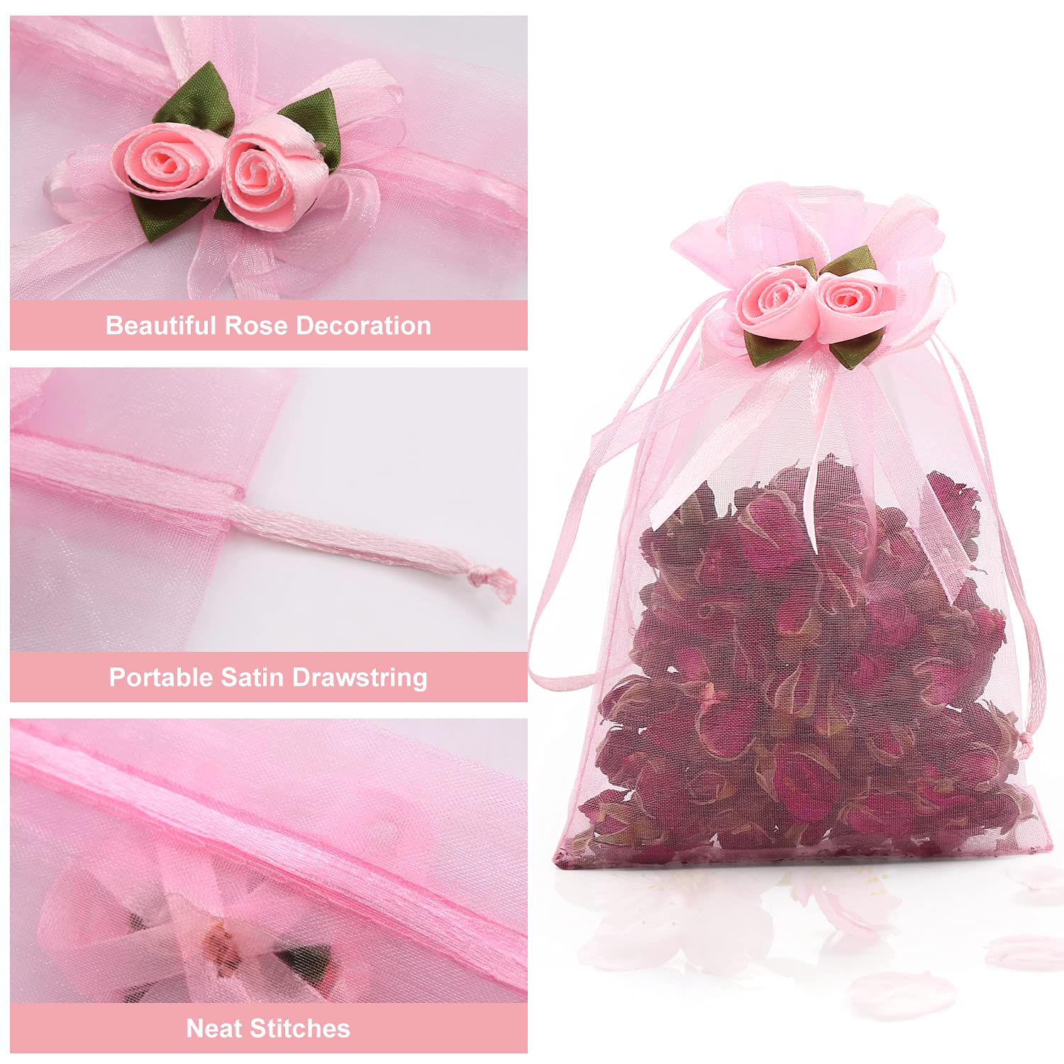 SumDirect 50Pcs 4x6 Inch Rose Organza Drawstring Gift Bags - Pink Wedding Favor Bags, Jewelry Pouches for Party, Christmas, Valentine's Day Gifts | Perfect for Wedding Favors, Bridesmaid Gifts, Jewelry Packaging & Party Decorations