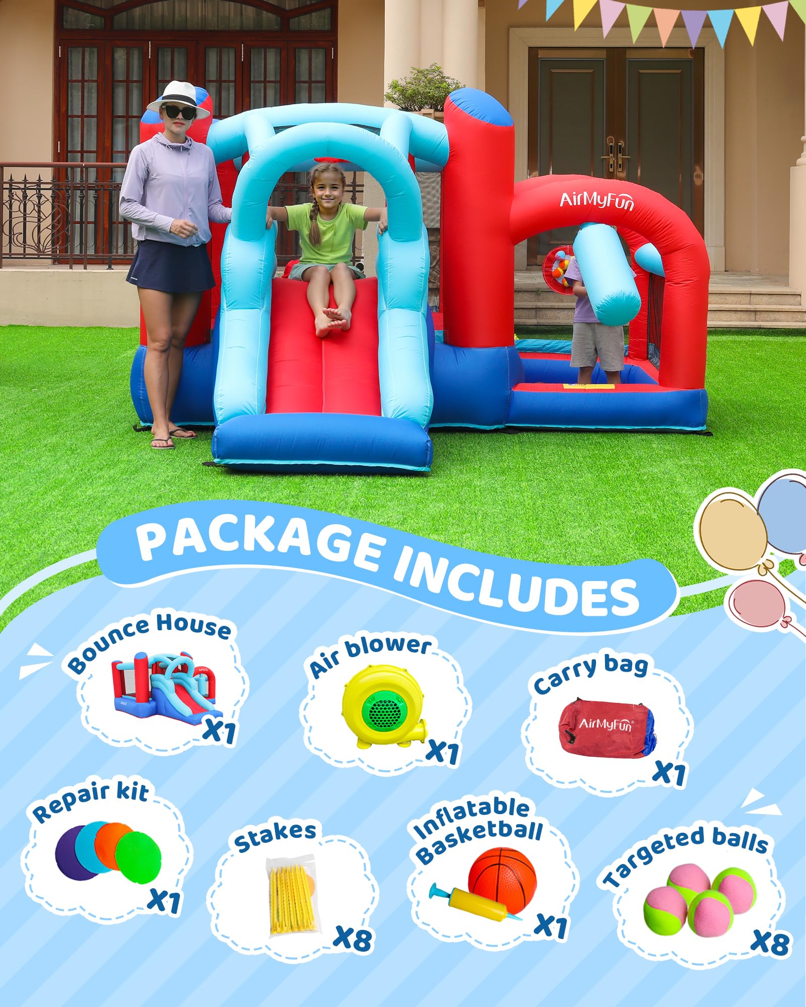 AirMyFun Inflatable Bounce House with Slide & Ball Pit - Indoor/Outdoor Kids Bouncer Castle for Birthday Parties, Backyard Fun, and Family Gatherings - Includes Basketball Hoop, Target Balls & Boxing Gloves