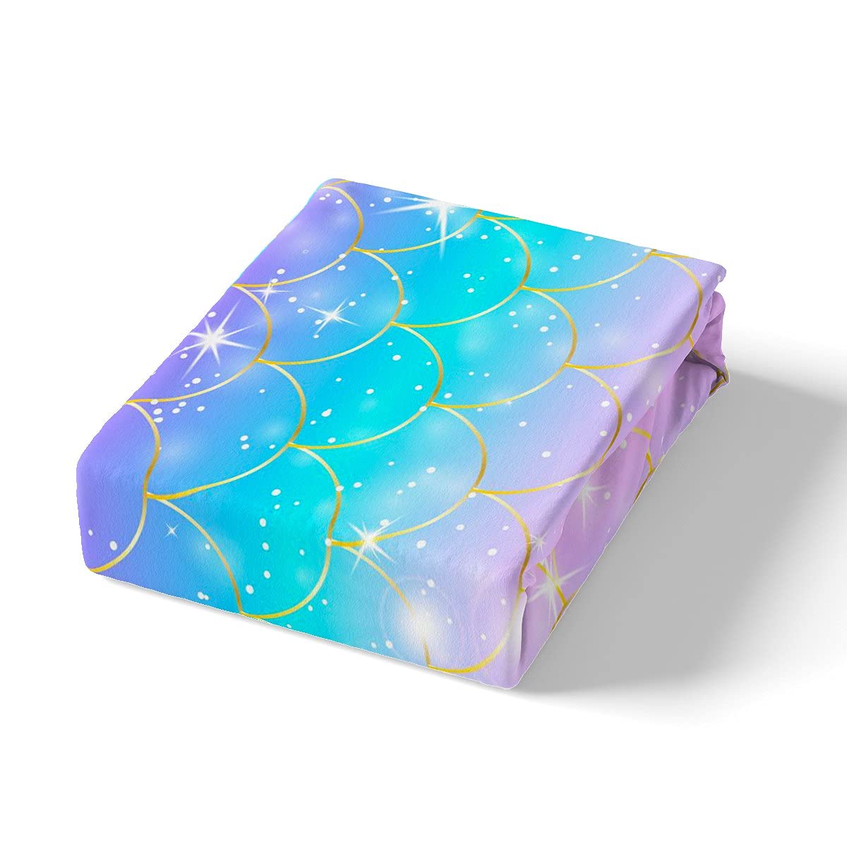 Mermaid Bedding Set Full Size - Blue & Pink Pastel Gold Fish Scales Sheet Set for Girls, Teens & Women - Fitted Sheet, Flat Sheet & 2 Pillowcases - Perfect for Kids' Rooms, Teen Bedrooms & Coastal Themed Decor