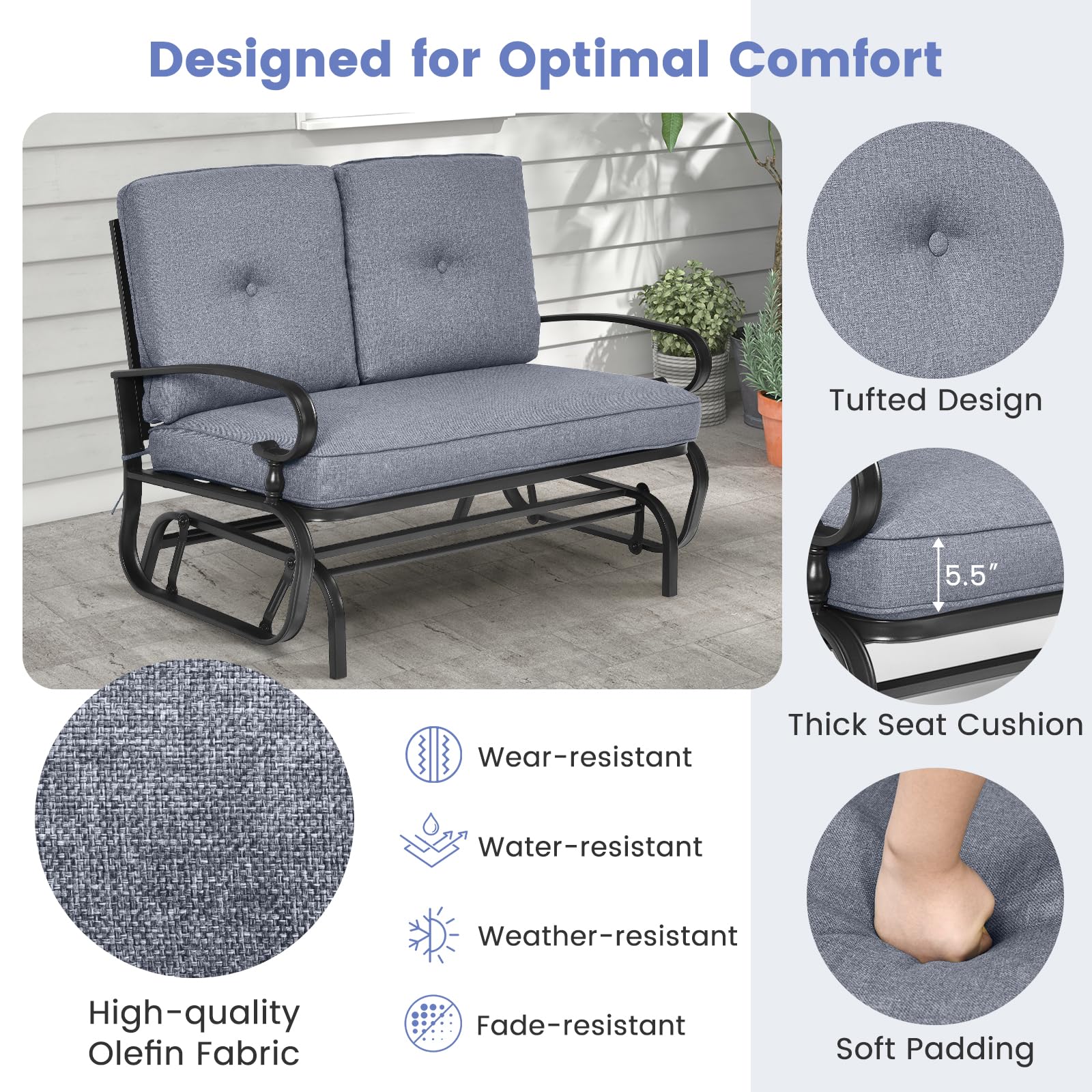 Tangkula 2-Person Outdoor Swing Glider Chair - Patio Loveseat with Steel Frame & Comfortable Cushions - Perfect for Garden, Porch, Balcony & Poolside Relaxation (Grey) - Ideal for Backyard Lounging, Sunset Watching & Outdoor Conversations