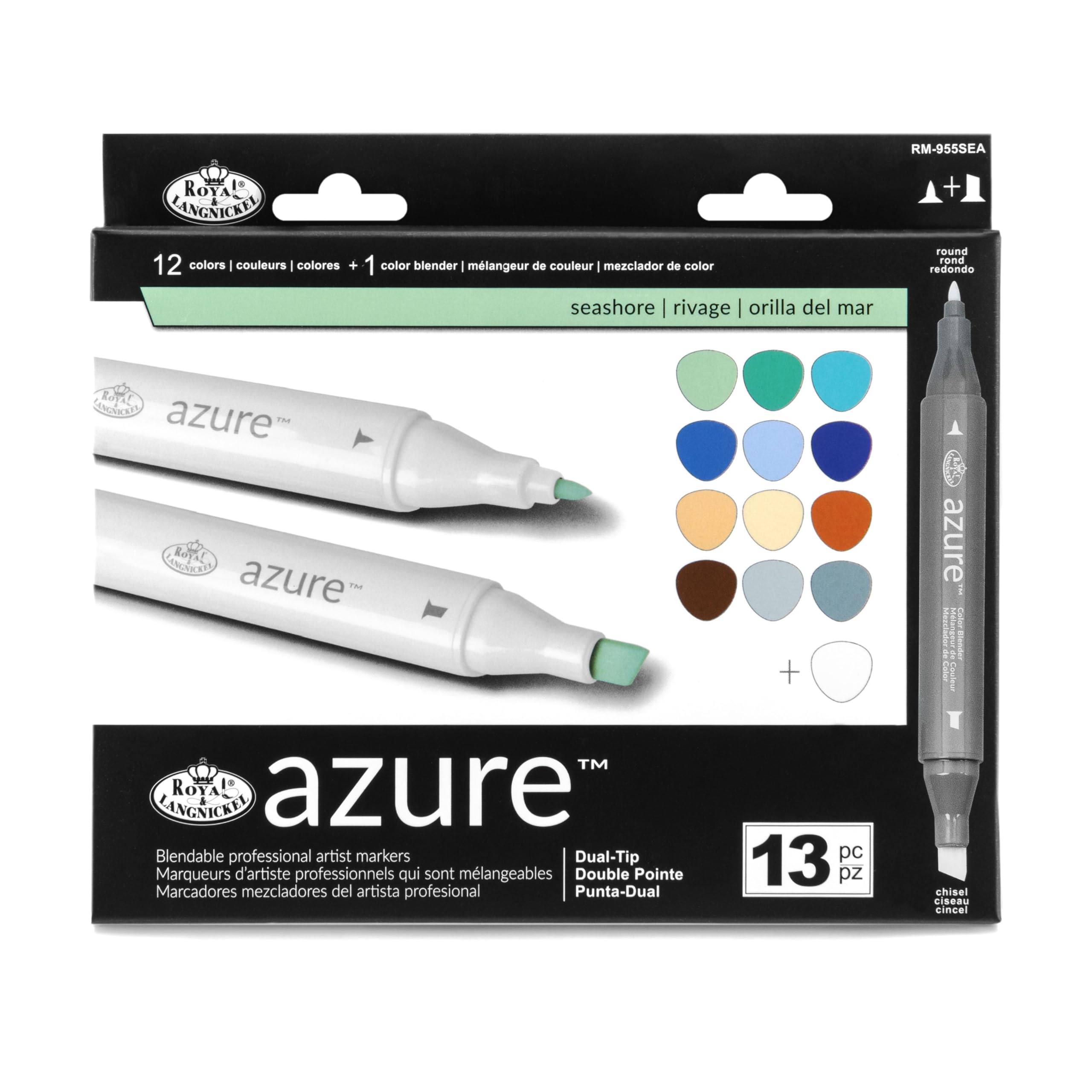 Royal & Langnickel Azure 13-Piece Dual-Tip Alcohol-Based Marker Set - 12 Vibrant Markers & 1 Blender for Artists, Illustrators & Crafters - Perfect for Adult Coloring Books, Sketching, Manga Art & DIY Projects