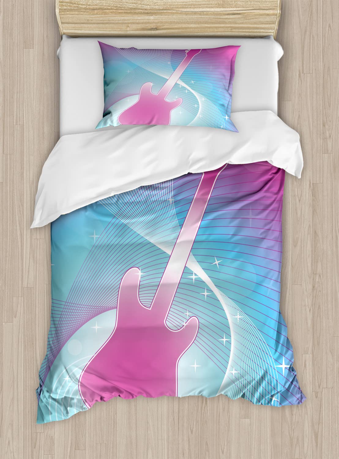 Ambesonne Hot Pink Guitar Duvet Cover Set - Queen Size 2-Pack with 2 Duvet Covers & 4 Pillowcases, Vibrant Music-Themed Abstract Print Bedding - Perfect for Teen Bedrooms, Music Lovers' Homes, and Bohemian Decor