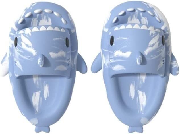 OMKUOSYA Unisex Shark Slippers - Cute & Funny Shark Slides for Men & Women | Lightweight Beach Sandals for Outdoor, Pool Party, Home Comfort (Blue+White, Size 5.5-6 Men)