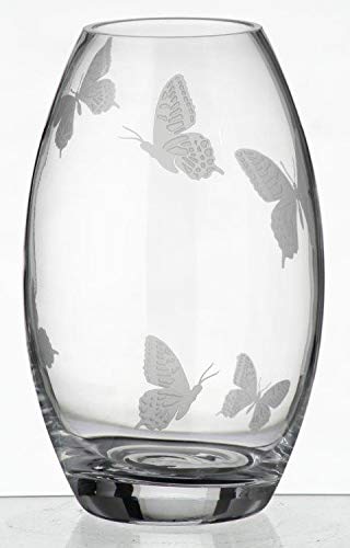 Luxury Handmade Glass Butterfly Vase - Sandblasted Butterfly Decor, Elegant Satin-Lined Gift Box - European Design Clear Vase 9.1 Inch (23 cm) - Perfect for Home Decor, Wedding Centerpieces & Gift Giving