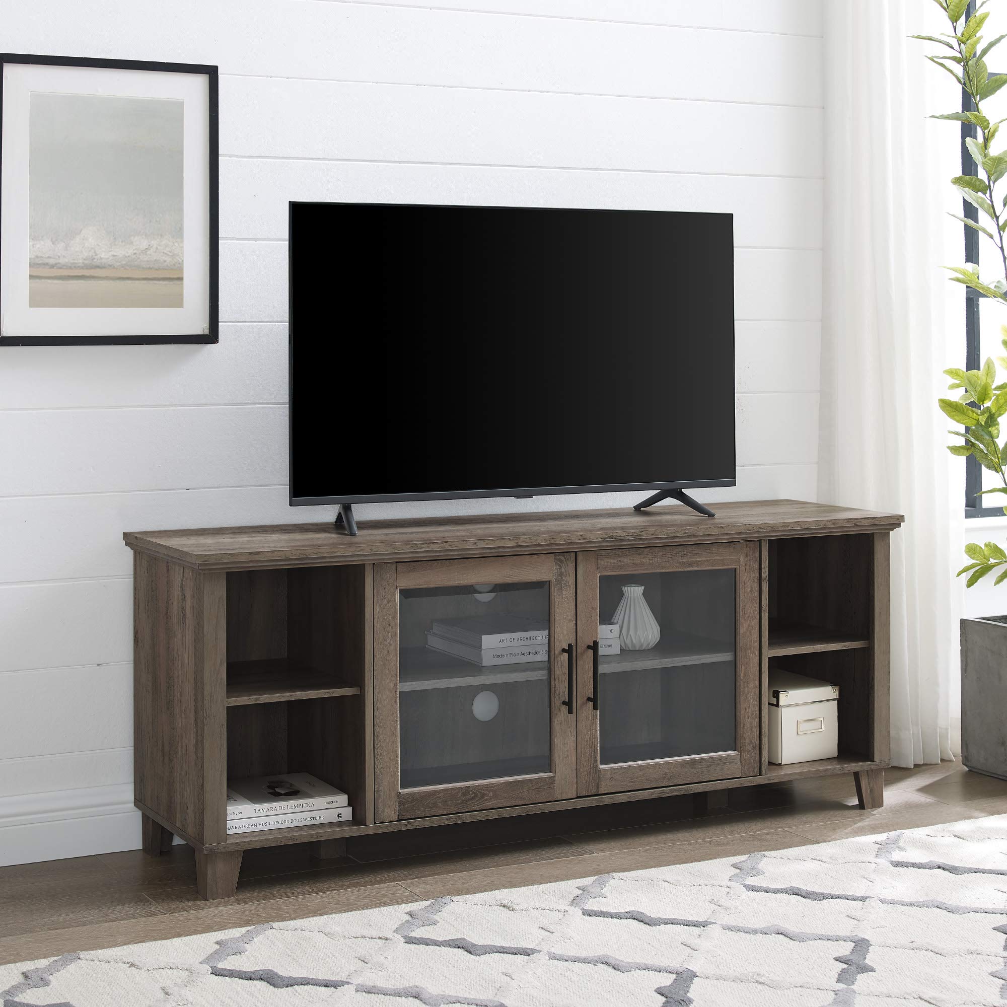 Walker Edison Oxford Modern 65 Inch TV Stand with Double Glass Doors - Grey Wash Finish for Living Room, Bedroom & Home Theater