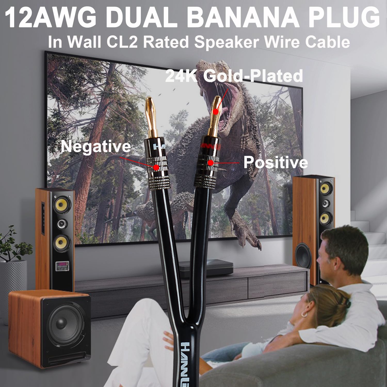 12AWG Premium Heavy Duty Braided Speaker Wire - 3 Feet Oxygen-Free Copper Cable with Gold Plated Banana Plugs (1 Pack, Black, CL2 Rated) - Perfect for Home Theater, Surround Sound Systems & Professional Audio Setups