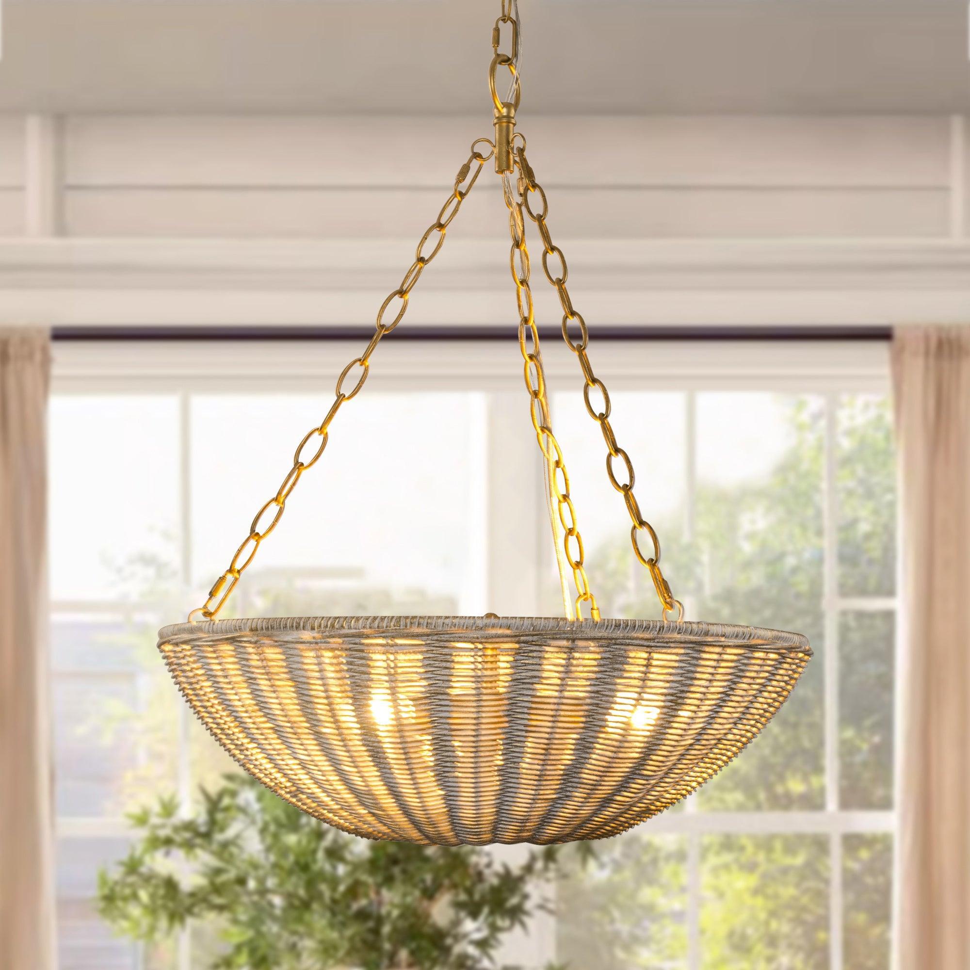 Farmhouse 3-Light Rattan Pendant Lighting - Bowl Shaped Ceiling Light Fixture for Kitchen Island, Dining Room, or Bedroom Decor