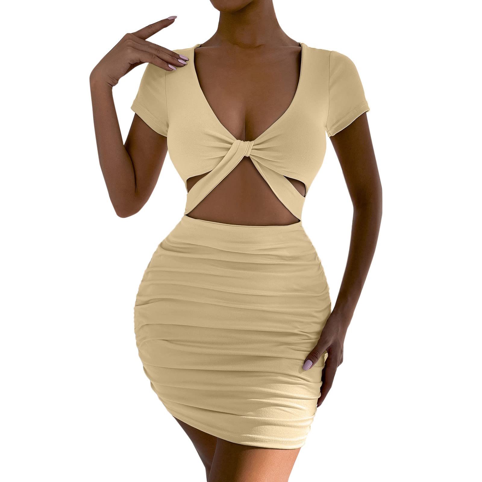 Sexy Women's Bodycon Mini Dress - Short Sleeve, Ruched V-Neck with Cut Out Details, Solid Color T-Shirt Dress for Club, Party & Summer Outfits | Perfect for Nightlife, Date Nights & Beach Vacations