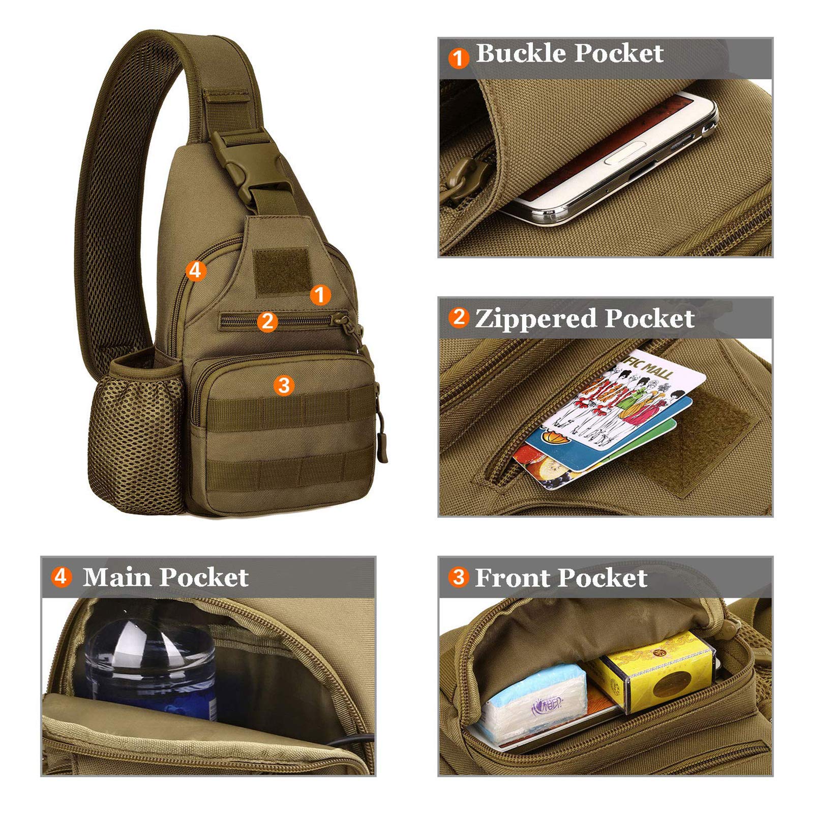 Tactical Military Chest Sling Bag - Water Resistant MOLLE Shoulder Backpack for Men with Water Bottle Holder - Perfect for Hiking, Camping & Outdoor Adventures