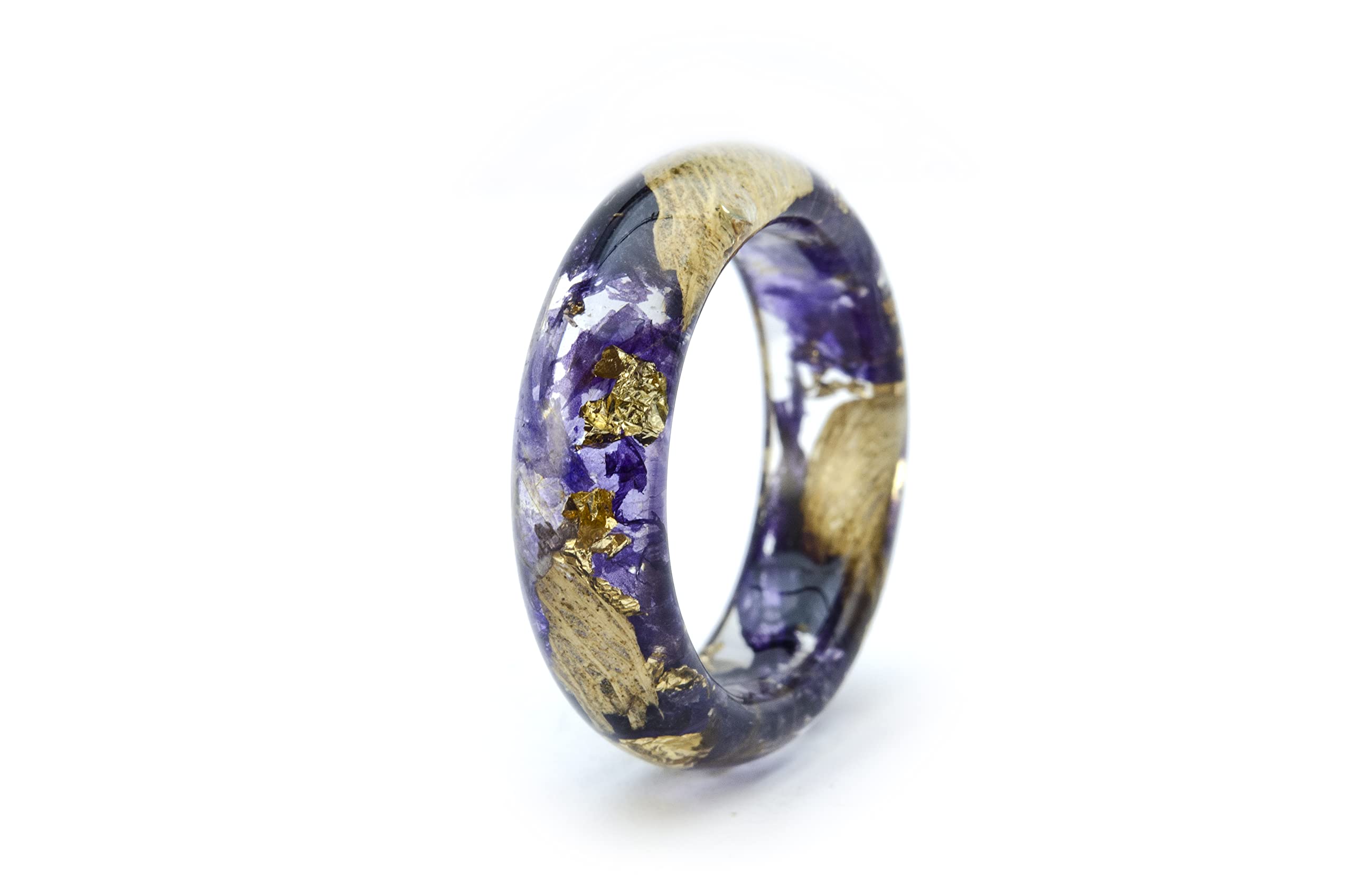 Nature Inspired Engagement Resin Rings with Purple Bells & 24K Gold - Unique Wedding Band for Couples, Handmade Eco-Friendly Jewelry Gift for Her | Perfect for Proposals, Anniversaries & Romantic Occasions