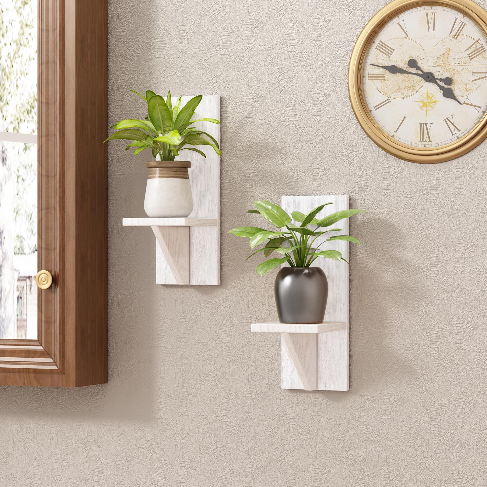 WELLAND White Wall Mount Candle Holders - Set of 2, Farmhouse Wall Sconces with Floating Shelves, Rustic Home Decor for Living Room, Bedroom & Dining Room