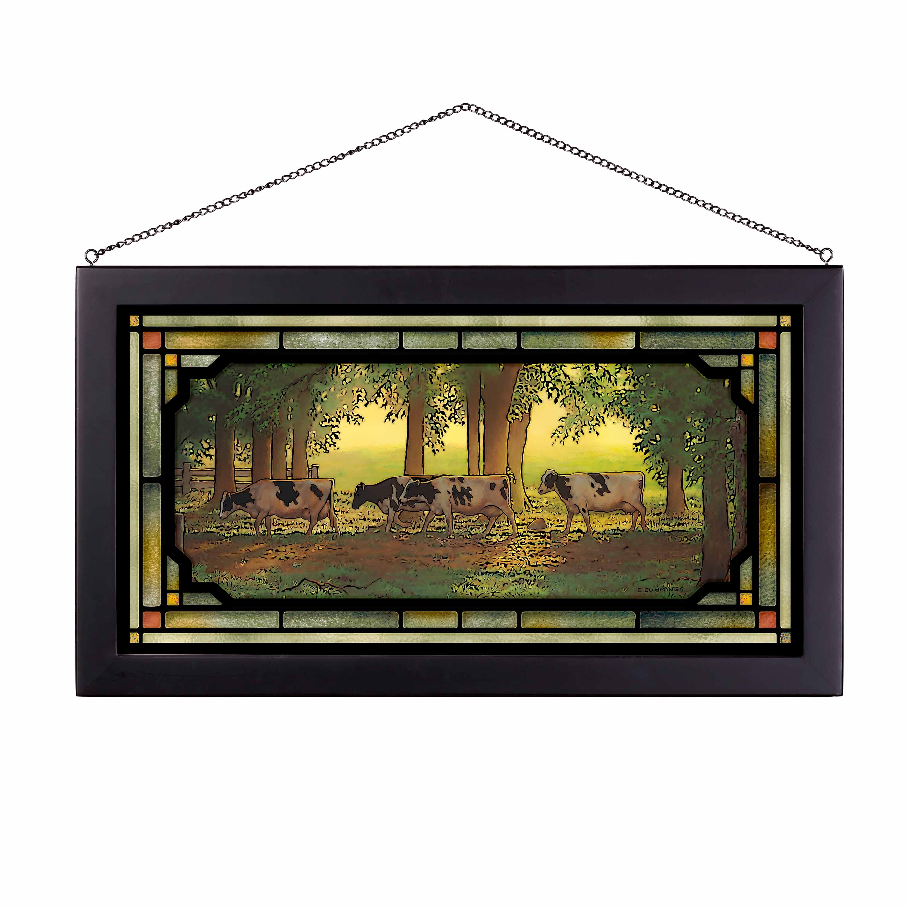 Handmade Stained Glass Cow Art Panel - 13x23 Inch Farmhouse Decor for Windows, Gifts & Country Home Decor
