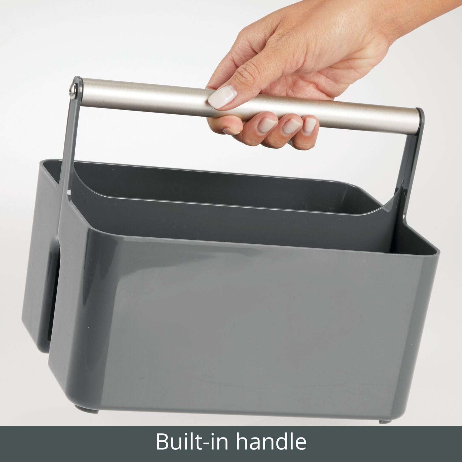 mDesign Plastic Shower Caddy Organizer with Metal Handle - Bathroom Storage Basket for Soap, Shampoo & Conditioner - Dorm & Kitchen Utility Tote - Aura Collection in Dark Gray/Matte Satin - Perfect for Small Space Organization & Bath Essentials Storage