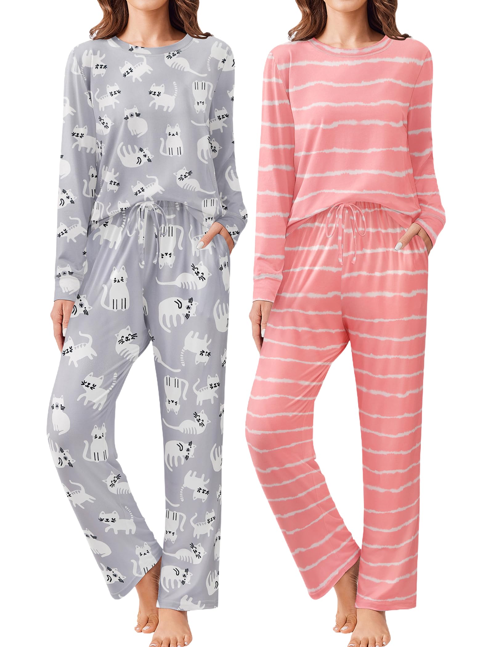 Ekouaer 2 Pack Women's Pajama Set - Soft Long Sleeve Sleepwear with Pockets for Lounge & Sleep S-XXL