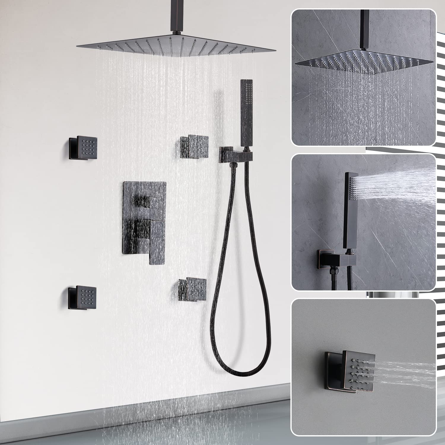 Enga Oil Rubbed Bronze Rain Shower System with Body Spray - 12 Inch Ceiling Rainfall Shower Faucet Complete Kit with 3-Way Diverter Valve | Luxury Bathroom Upgrade for Spa-Like Experience