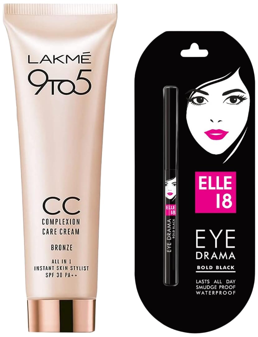 Elle 18 Eye Drama Kajal Bold Black 0.35g & Lakme 9 to 5 Complexion Care Face Cream Bronze 30g - Matte Finish for Daytime Makeup and Professional Look