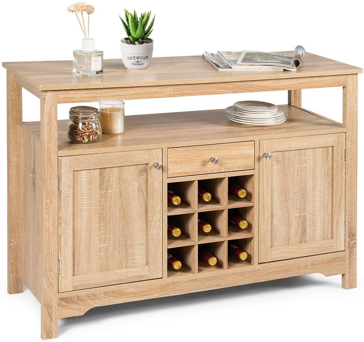BANGTANE Buffet Kitchen Sideboard - Solid Wood Console Table with 2 Storage Cabinets, Drawer, Wine Rack & Open Shelf | Entryway Storage Organizer for Living Room, Dining Room & Hallway (Natural Finish, HW63250) | Perfect for Home Decor, Entertaining & Small Space Organization