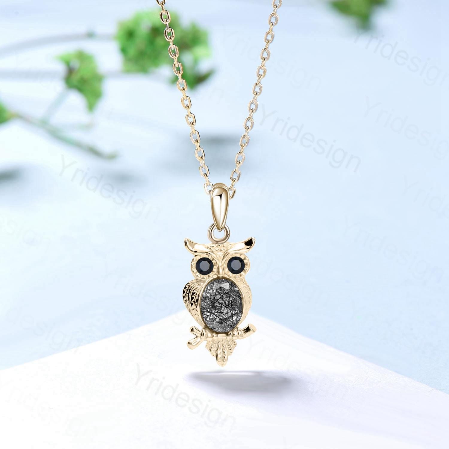 Unique Personalized Owl Pendant Necklace - Black Rutilated Quartz & Silver/Rose Gold Animal Jewelry - Perfect for Gifts, Night Out & Boho Fashion