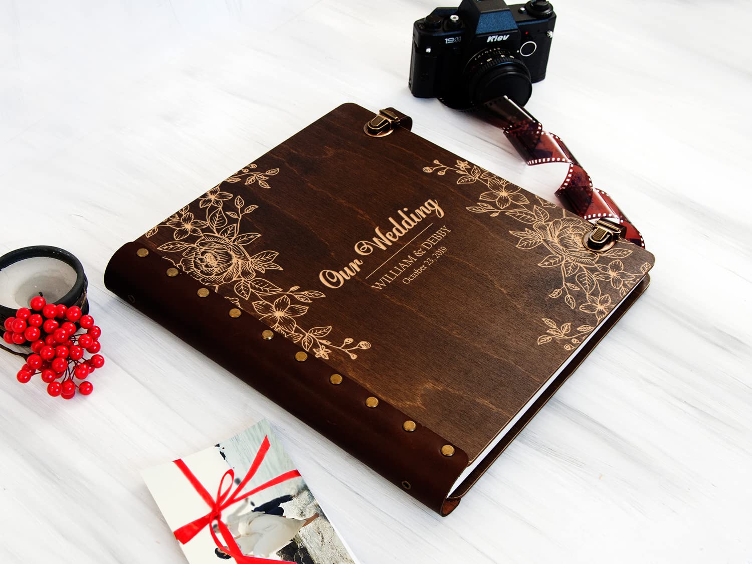 Personalized Wooden Wedding Photo Album - Custom Rustic Couple Gift, Unique Memory Scrapbook for Anniversaries & Special Occasions (Natural Light Wood) | Perfect for Wedding Guest Books, Anniversary Gifts & Family Keepsakes