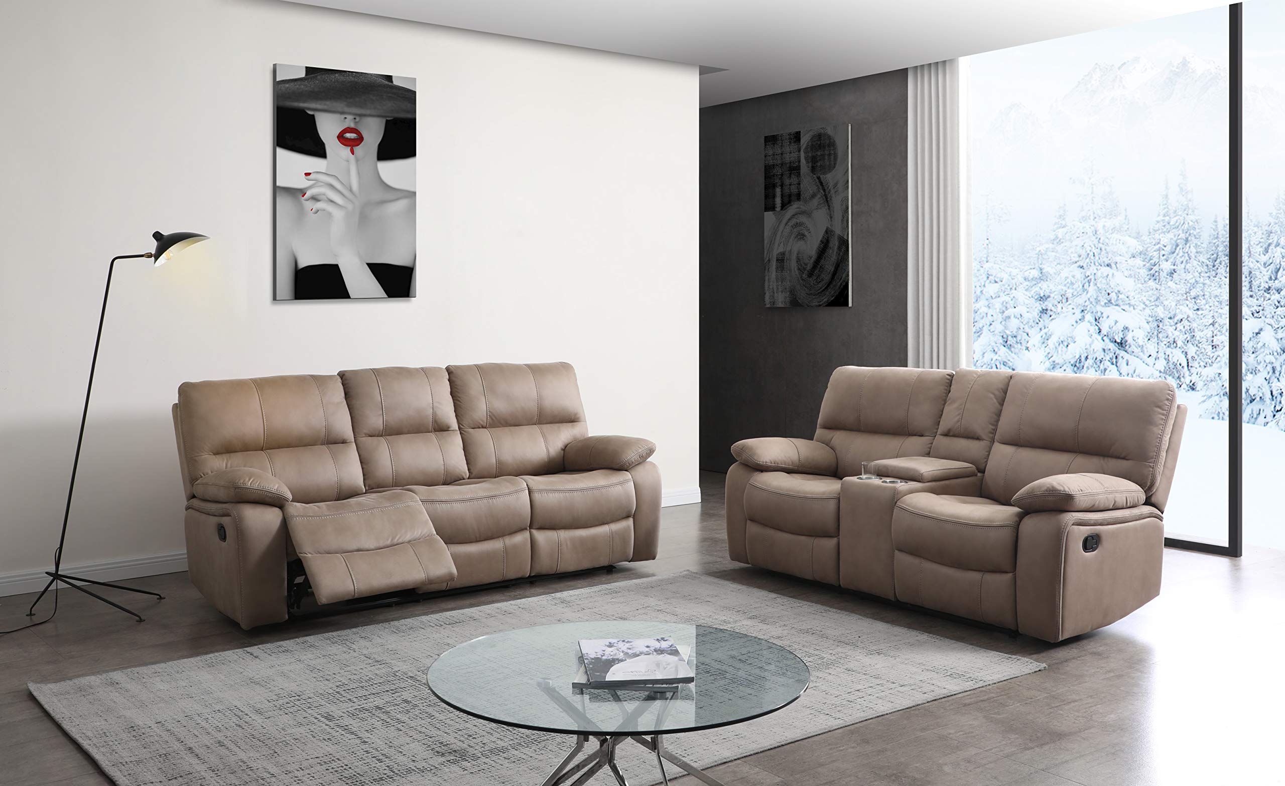 Betsy Furniture Microfiber Reclining Sofa and Loveseat Set 8007 - Taupe | Comfortable Living Room Furniture for Relaxation & Entertainment | Perfect for Family Movie Nights and Cozy Gatherings