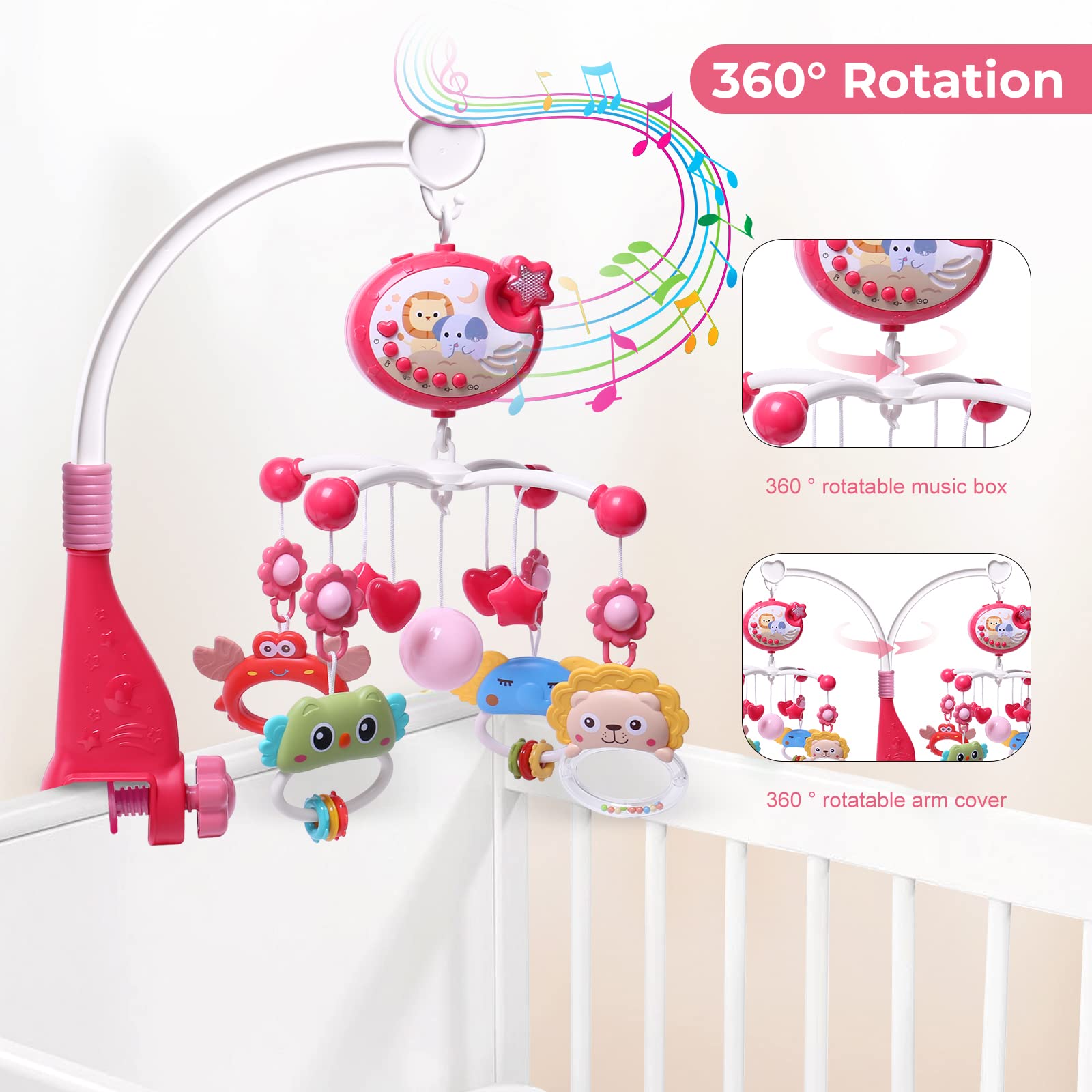 Baby Crib Mobile with Music, Lights & Hanging Toys - Portable Musical Carousel for Pack 'n Play, Bassinet - Gender Neutral Nursery Decor (Red) | Perfect for Soothing Newborns & Bedtime Routines