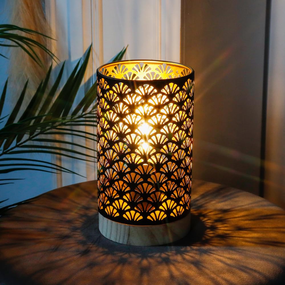 JHY DESIGN 7.5'' Metal Battery Powered Cordless Lamp with Wooden Base - 6-Hour Timer, Warm White LED - Perfect for Weddings, Parties, Patio, Garden, Indoor & Outdoor Table Decor, Balcony Lighting