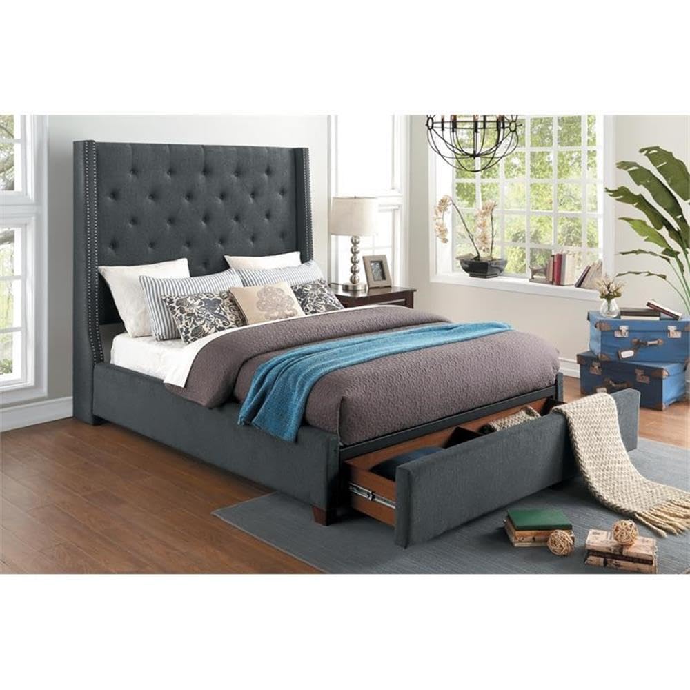 Pemberly Row Gray Fabric Queen Bed Frame with Storage Drawers - Modern Upholstered Platform Bed with Underbed Storage for Small Spaces, Bedroom Furniture for Home & Apartment