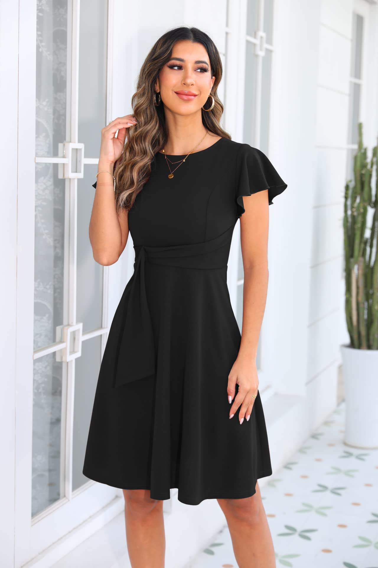 OWIN Women's 2025 Elegant Ruffle Sleeve Flared A-Line Swing Dress for Casual, Party & Cocktail Occasions | Perfect for Weddings, Date Nights & Special Events