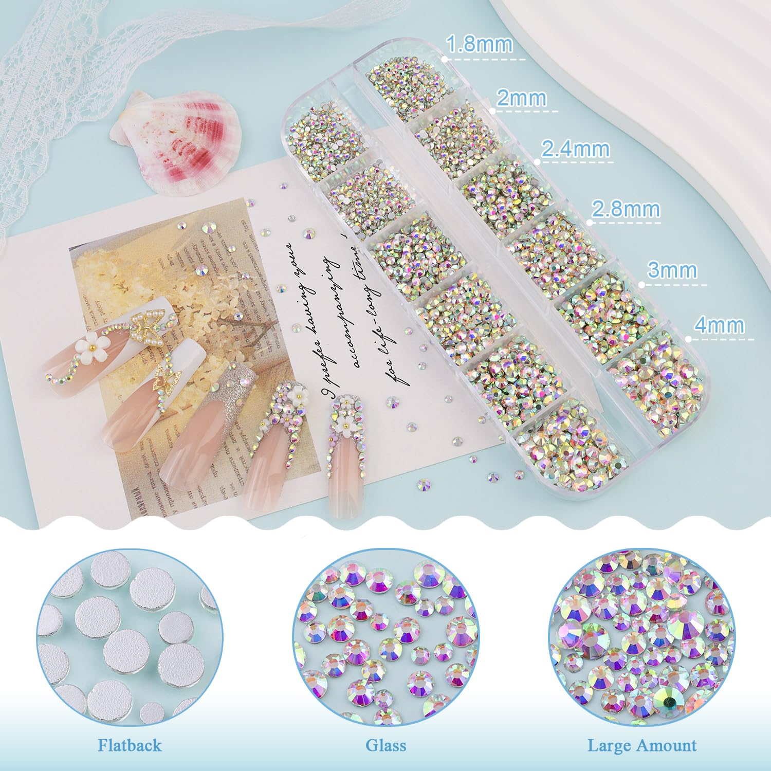 3600pcs Flatback Glass Rhinestones for Nail Art - 1.8mm/2mm/2.4mm/2.8mm/3mm/4mm AB Crystal Gems with Tweezer & Pickup Pencil - Perfect for Manicure, DIY Jewelry Making, and Craft Decoration