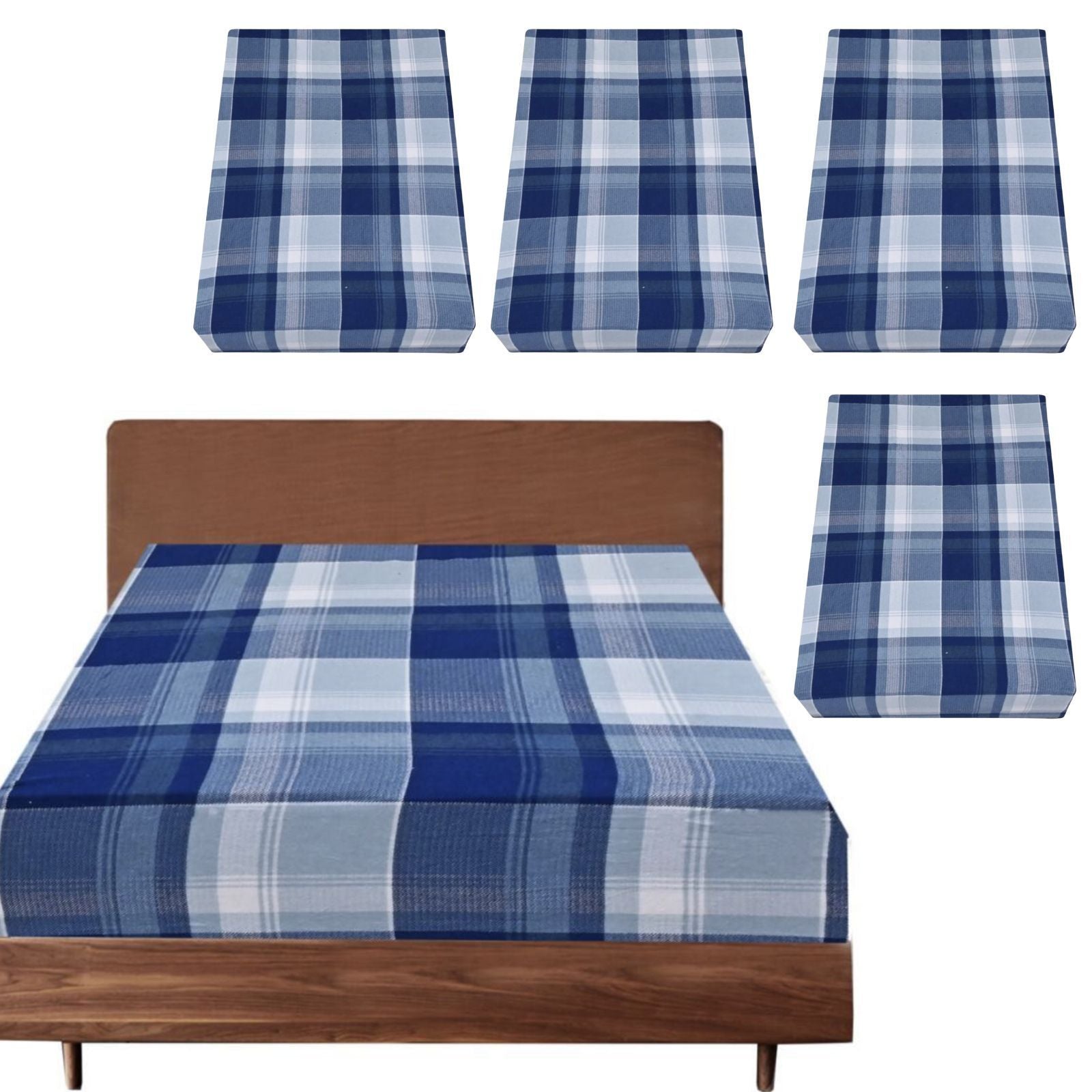 4-Pack Queen Size 100% Cotton Flannel Fitted Sheets - Soft Luxury Bedding Set with Blue Checkered Pattern for Cozy Winter Nights & Guest Room Comfort