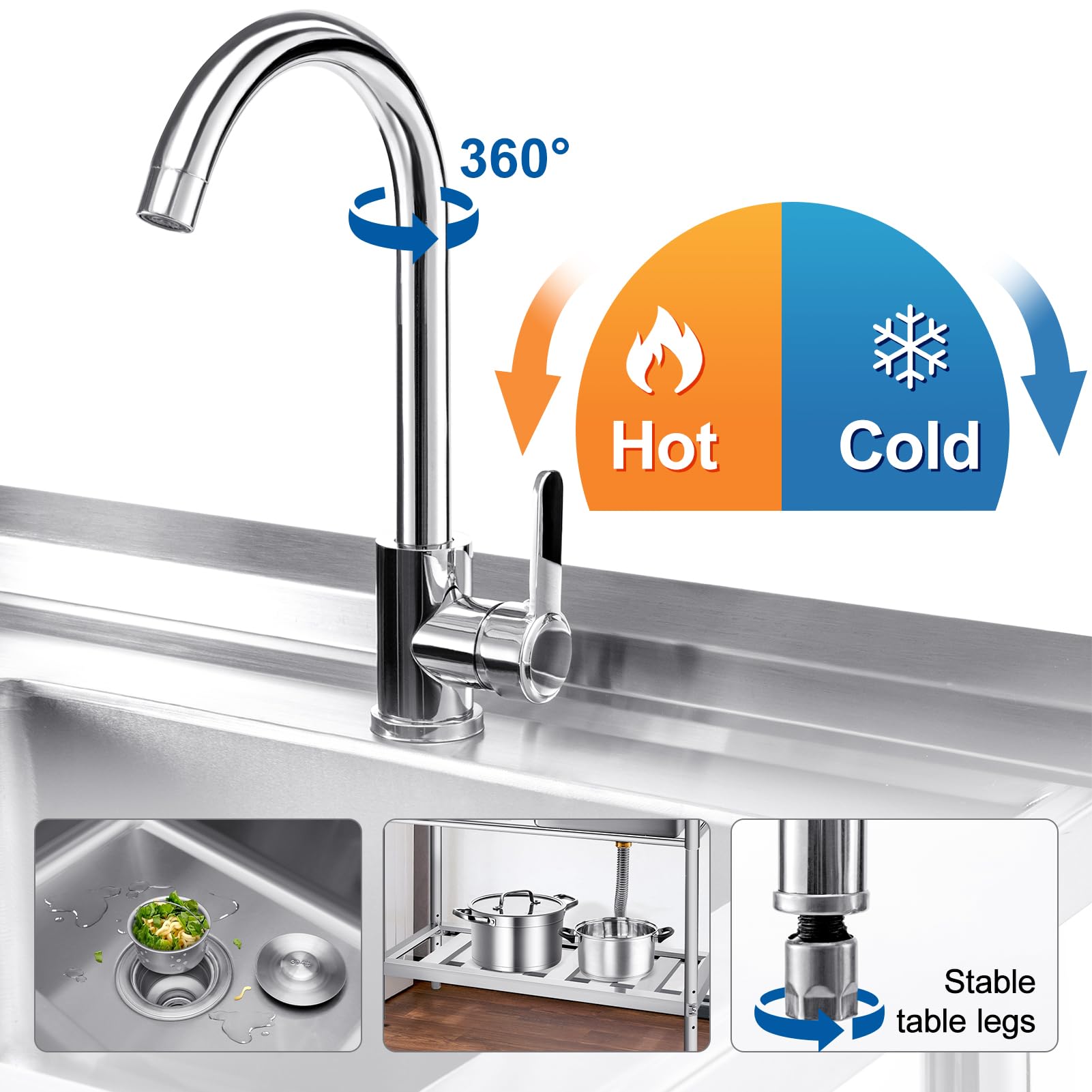 YORKING 39-inch Stainless Steel Utility Sink with Drawer Storage | Free Standing Single Bowl Kitchen Sink | Hot & Cold Water Pipes | Indoor & Outdoor Use for Laundry, Garage, or Garden