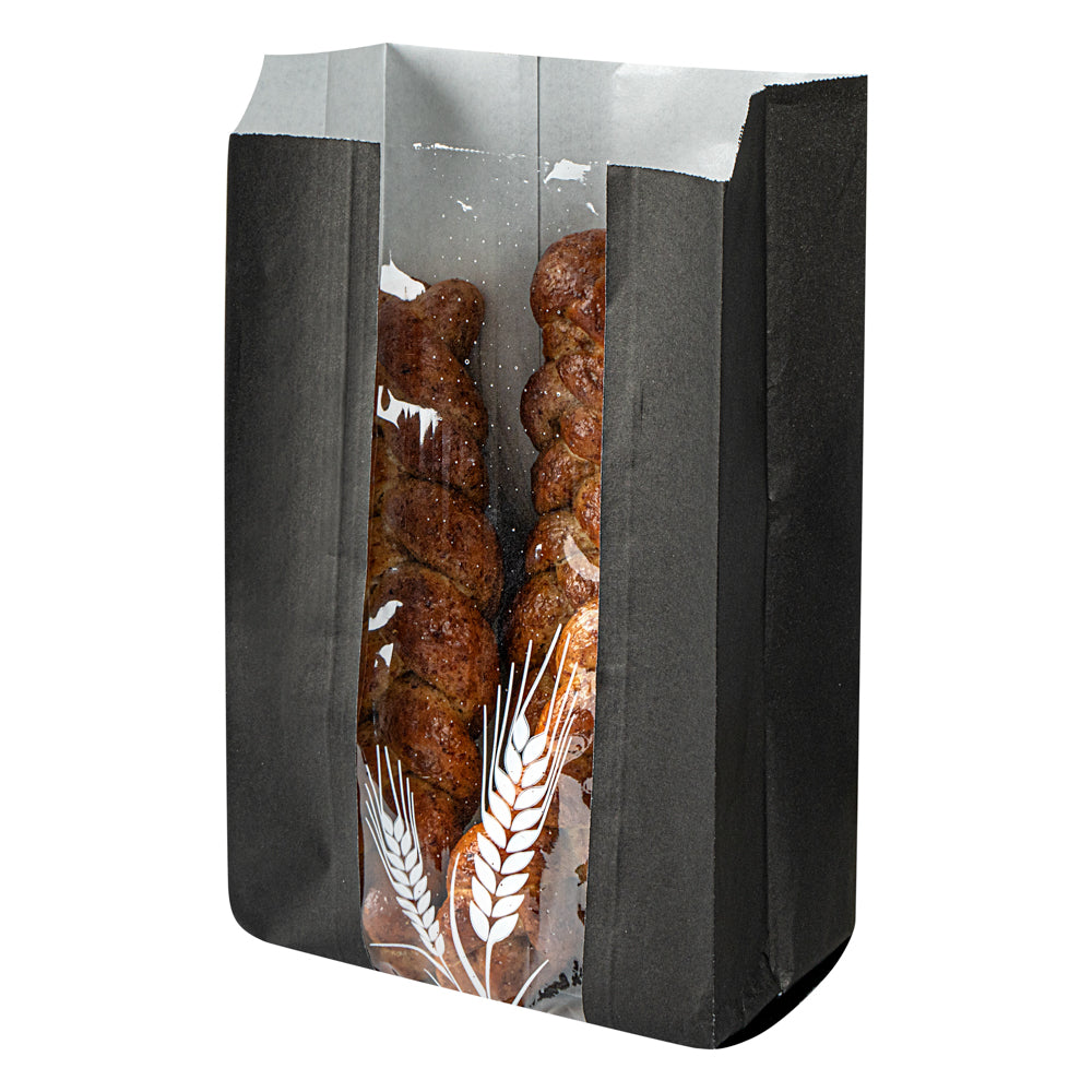 Eco-Friendly Black Paper Bread Bags - Micro Perforated, Greaseproof, Wheat Pattern (6x2.75x10 Inches) - 100 Count Box - Perfect for Bakery, Sandwich Shop & Food Packaging