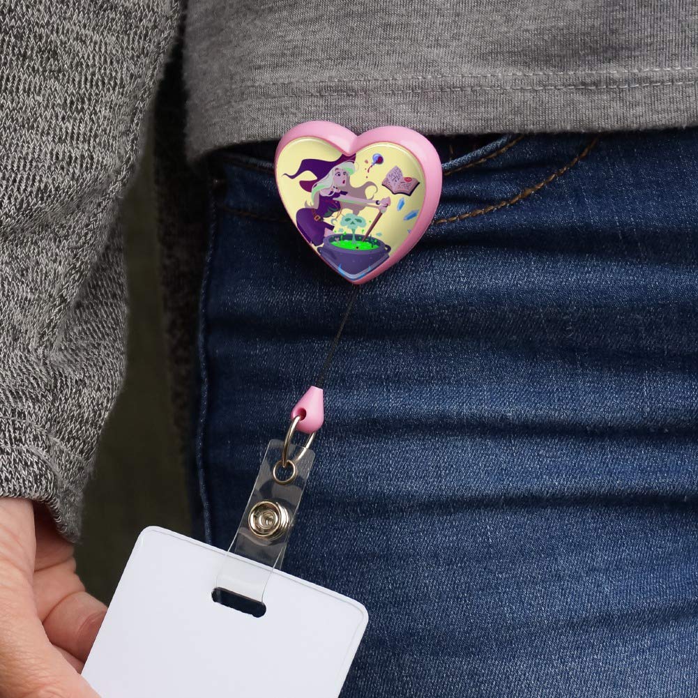 Little Witch Brewing Potions Heart Lanyard - Retractable Reel Badge Holder for ID Cards & Keys | Perfect for Cosplay, Halloween Costumes & Witch-Themed Events