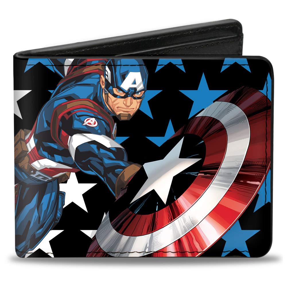 Buckle-Down Men's Bifold Wallet - Captain America Design, 4.0 x 3.5 Inches, Genuine Leather, Slim RFID Blocking Wallet for Everyday Carry, Gifts for Men