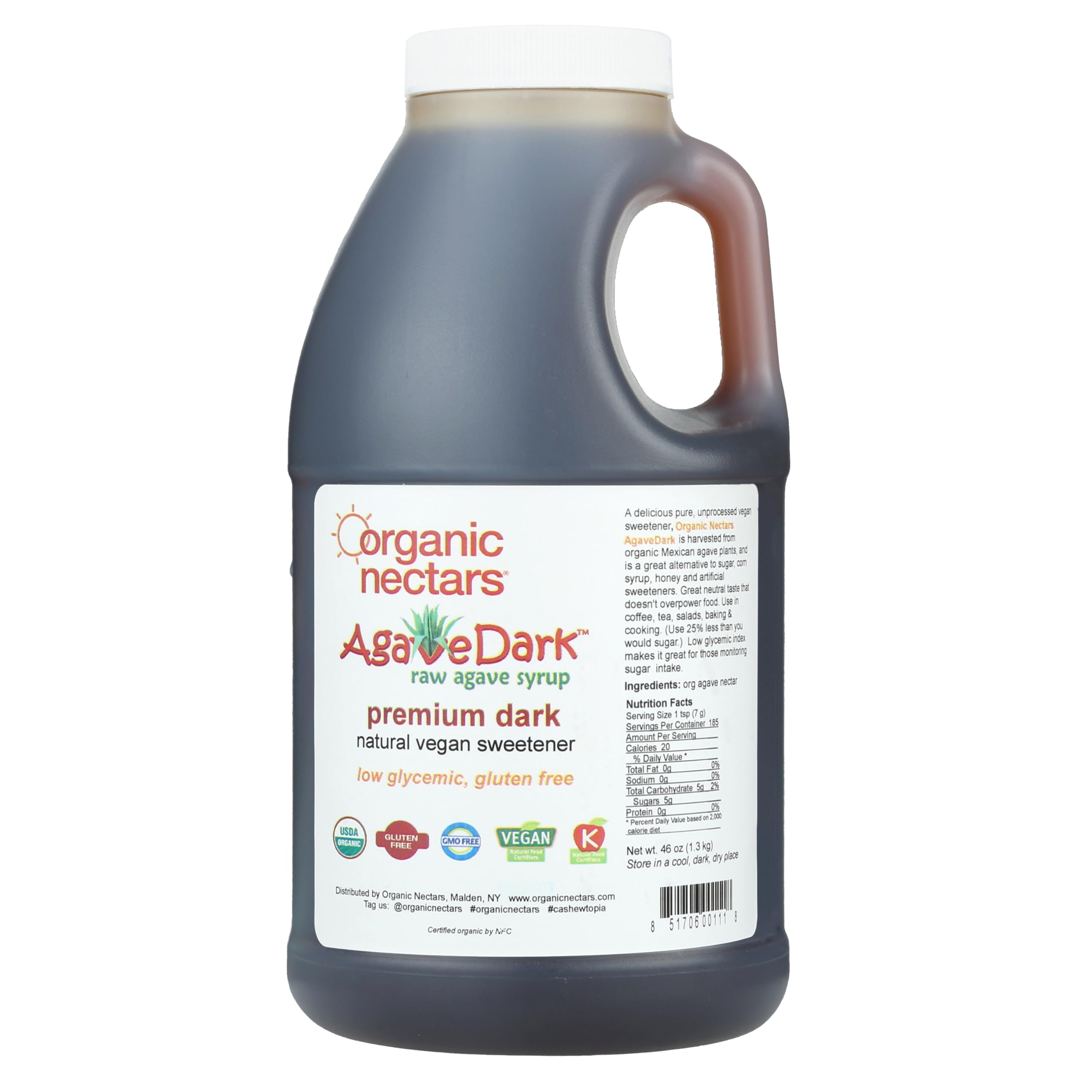 Organic Nectars 100% Raw Premium Dark Agave Syrup - Natural Sweetener, 46-Ounce (1.36L) Jug, Pack of 2 | Perfect for Baking, Coffee, Tea, Cocktails & Healthy Recipes