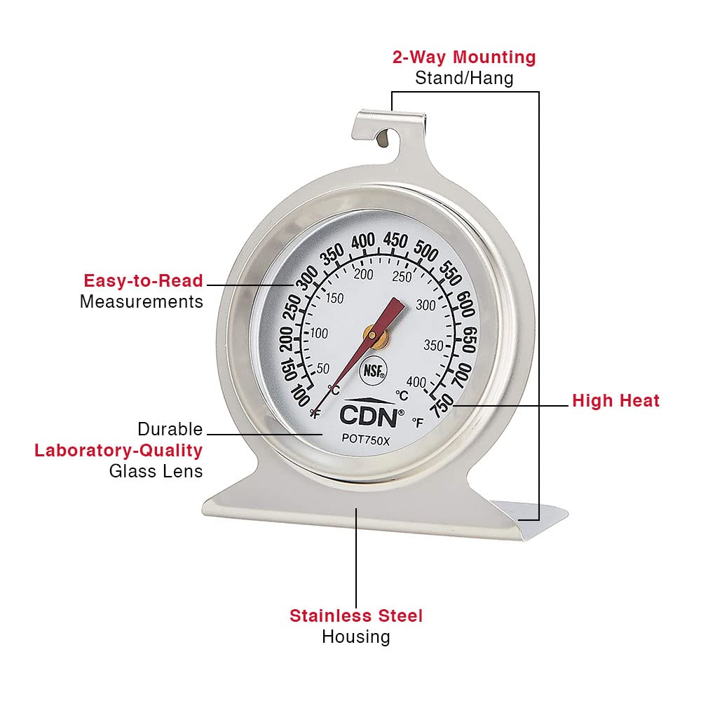 CDN POT750X Pro Accurate High Heat Oven Thermometer - Silver - Perfect for Baking, Roasting, and Grilling - Digital Cooking Thermometer for Kitchen, BBQ, and Outdoor Use