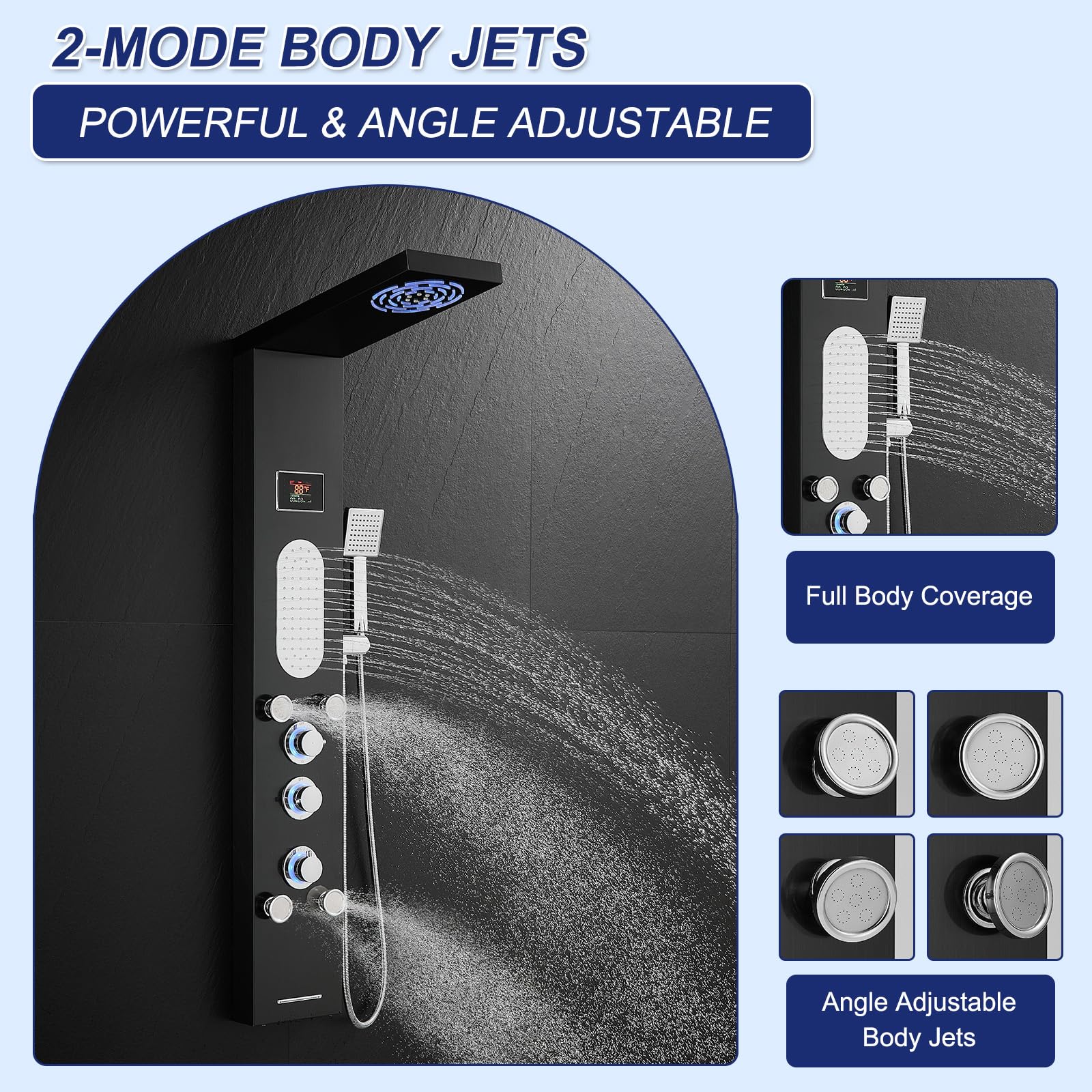 ROVATE LED Shower Panel Tower System - Hydroelectric LED Lights & Temperature Display, Black Shower Column with Rainfall & Mist Shower, 2 Body Jets, Handheld & Tub Spout | Perfect for Modern Bathroom Renovation & Spa-Like Shower Experience