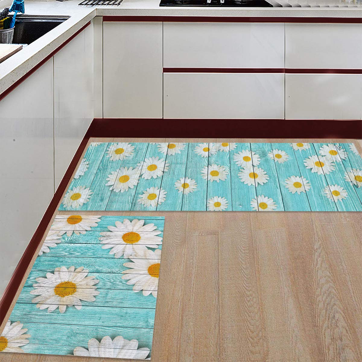 Anti-Fatigue Kitchen Floor Mats Set - Non-Slip Waterproof Standing Mats 2-Pack with Cushion Support (19.7x31.5in + 19.7x63in) - Wooden Board Daisy Flower Design for Comfortable Cooking & Dishwashing