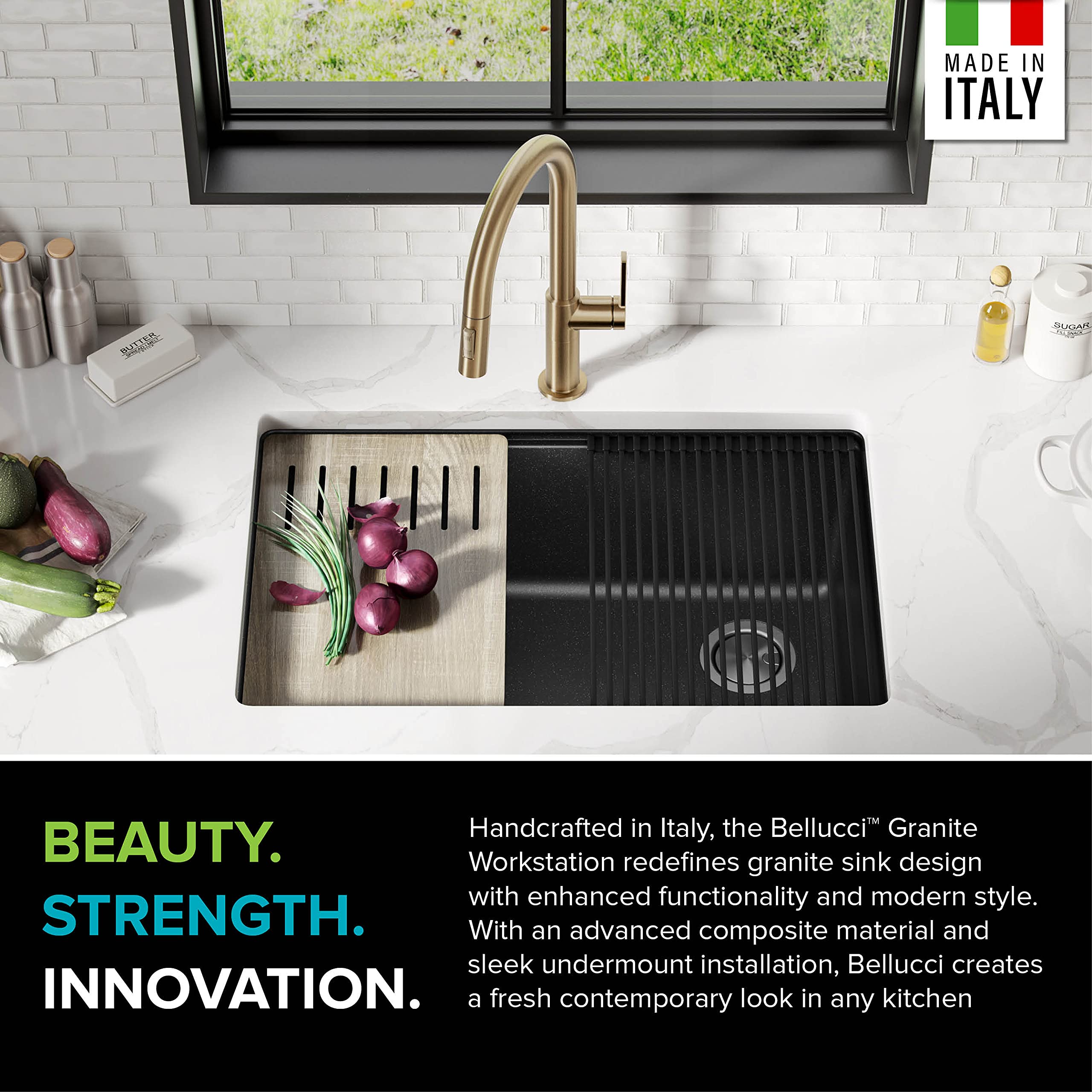 KRAUS Bellucci 30-Inch Undermount Workstation Granite Composite Kitchen Sink in Metallic Black - Includes Accessories (KGUW2-30MBL) - Perfect for Modern Kitchens, Food Prep, and Heavy-Duty Cooking