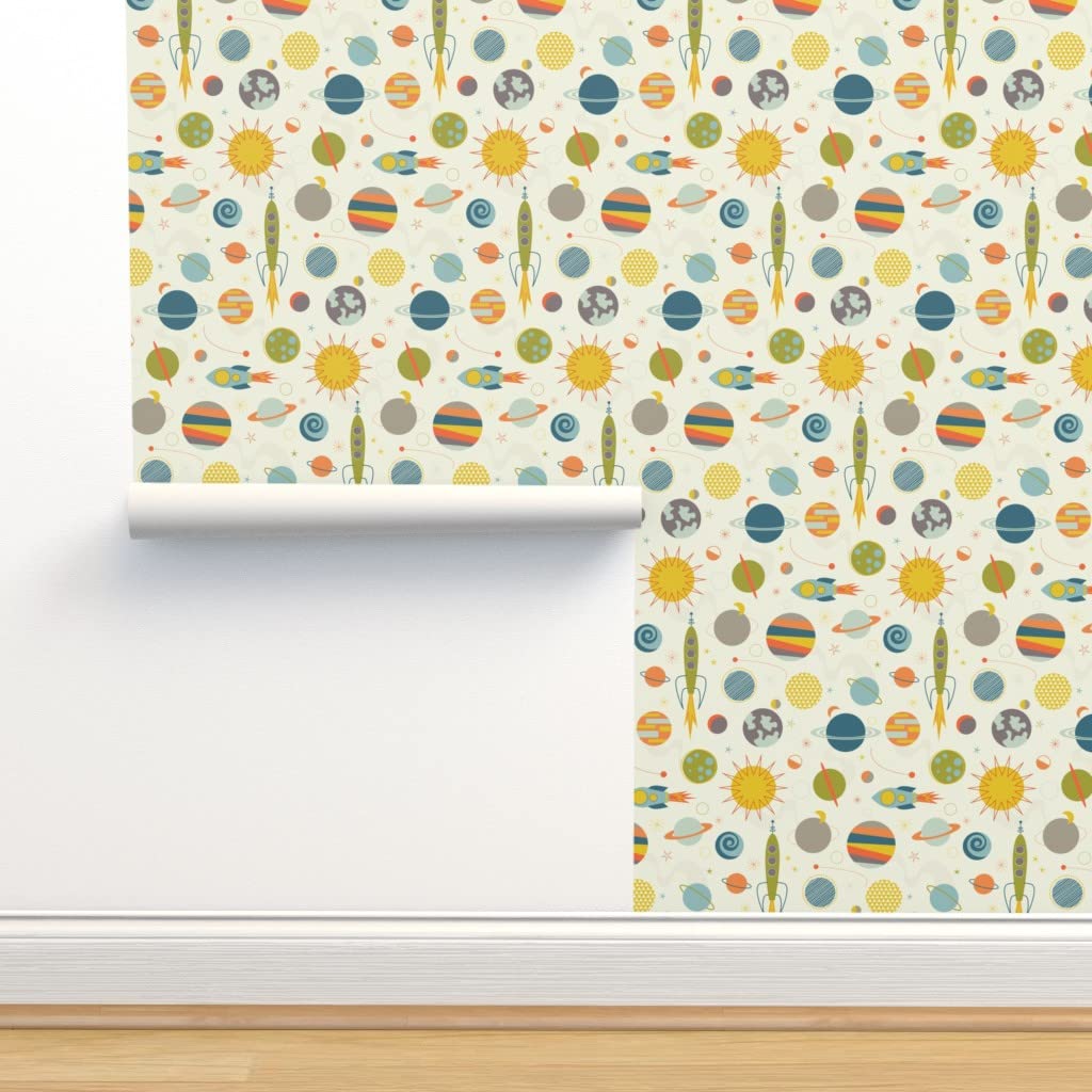 Removable Wallpaper 12ft x 2ft - Space Theme with Cosmic Rocket, Planets & Solar System Design | Easy Peel & Stick Wall Decor for Kids Room, Nursery or Office | Spoonflower Pre-Pasted Retro Wallpaper